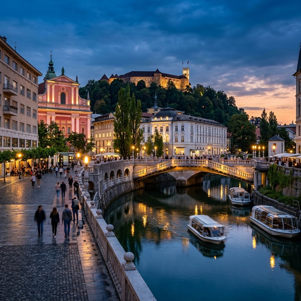 Piazza del Ponte Triplo Tromostovje nella vecchia citta di Lubiana al crepuscolo