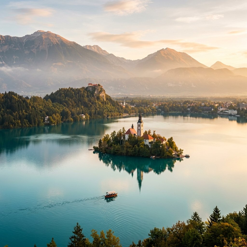 Isola della chiesa di Bled e castello con vista sul lago sotto la calda luce del mattino