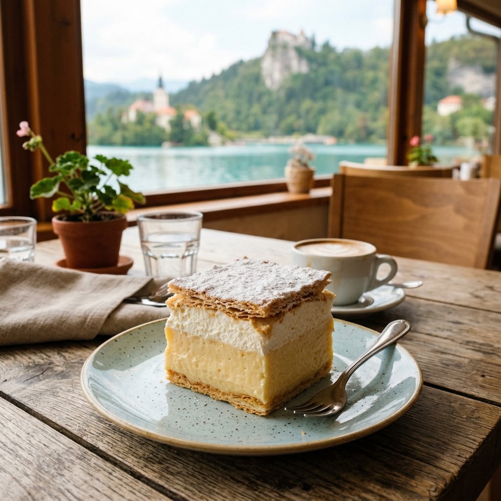 Torta tradizionale kremsnita Bled cream cake servita in caffetteria sul lago