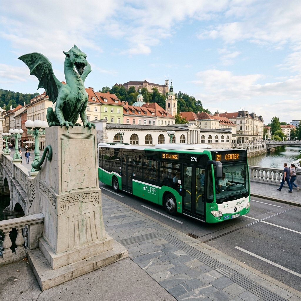Bus urbano LPP verde e bianco di Lubiana davanti al Ponte dei Draghi