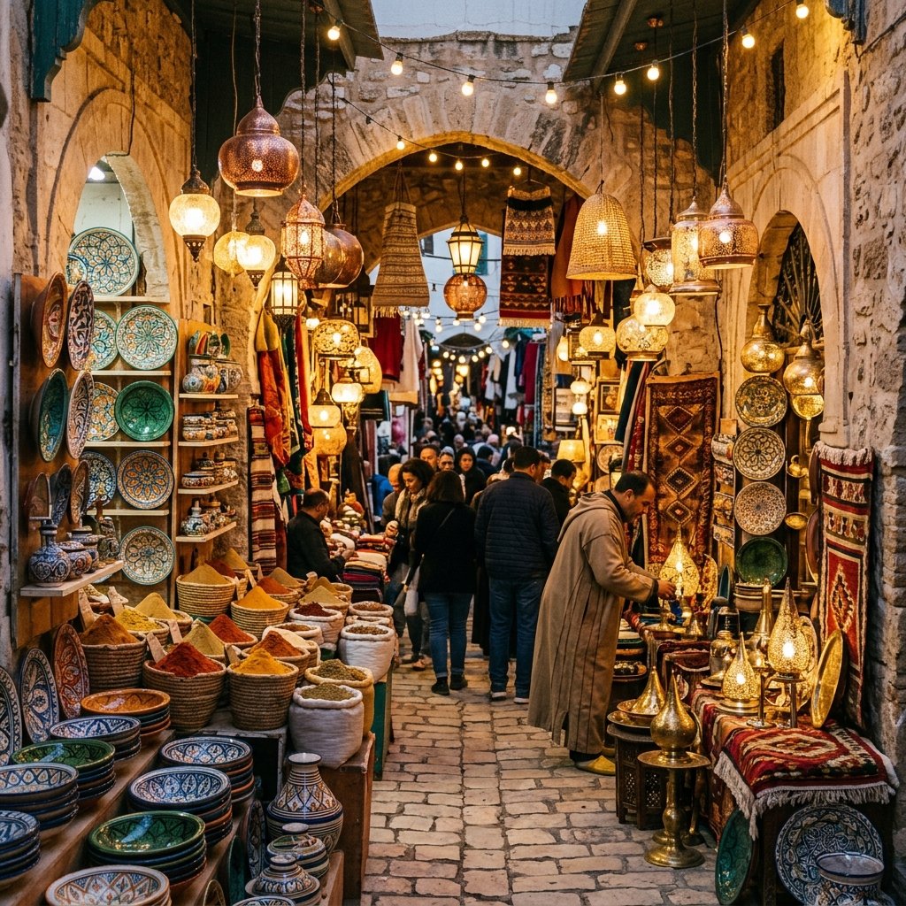 Banchi di spezie e ceramiche colorate nei souk della Medina di Tunisi