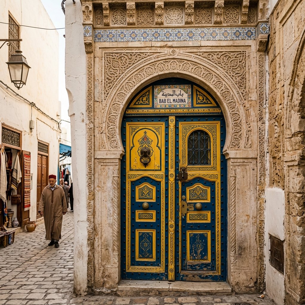 Passeggiata dinanzi alle tradizionali porte in legno colorato della Medina di Tunisi