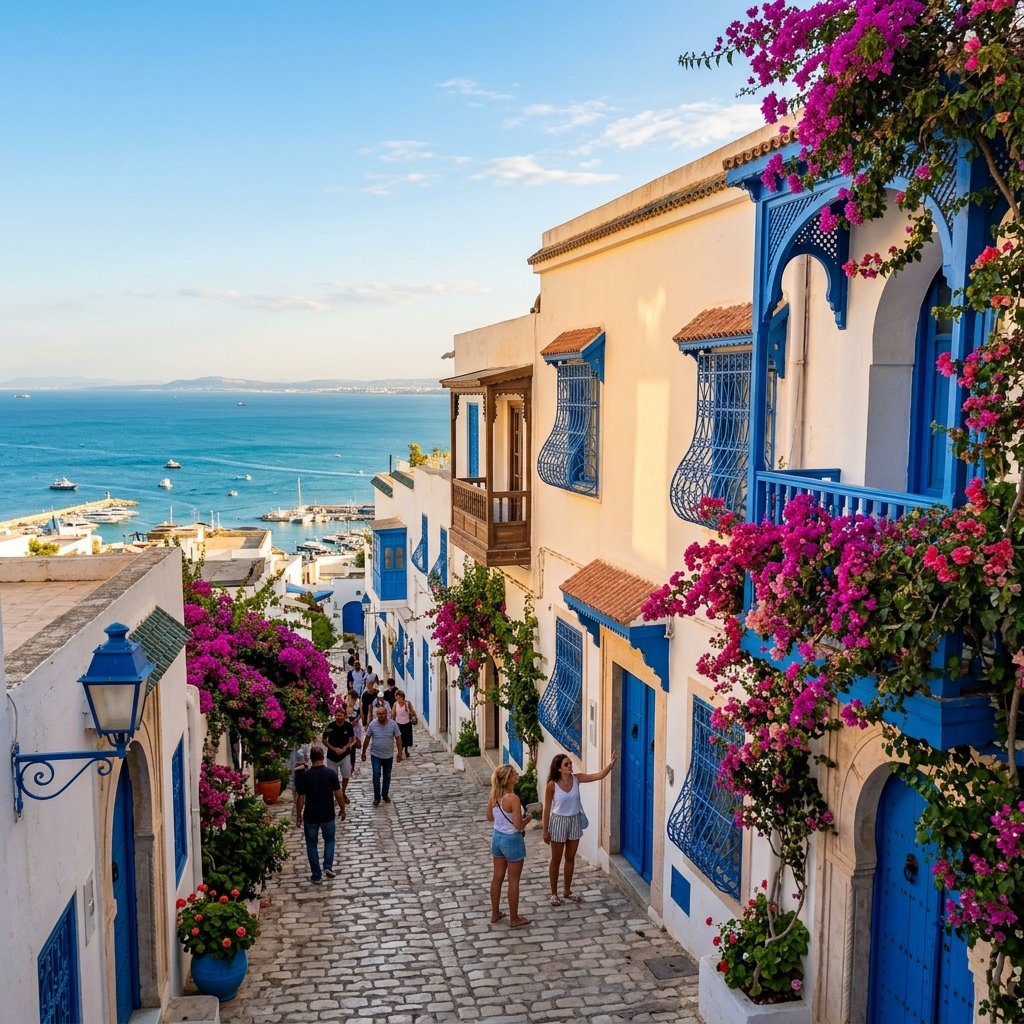 Panorama di Sidi Bou Said in Tunisia con le caratteristiche case bianche e blu a strapiombo sul mar Mediterraneo
