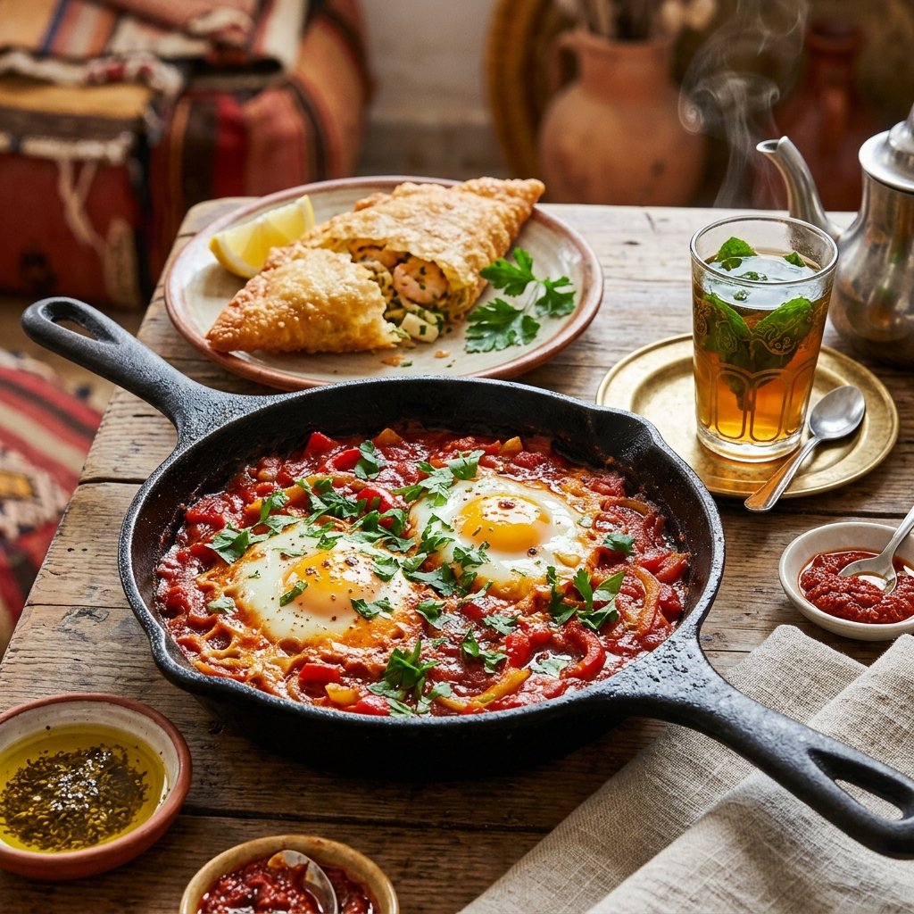 Mesa con piatti tradizionali tunisini tra cui Shakshuka, brik e tè alla menta