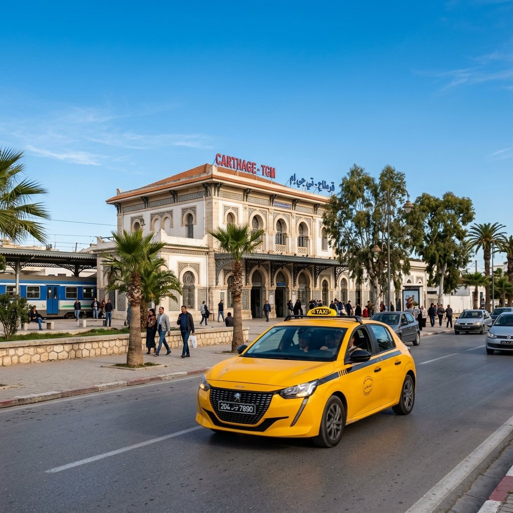 Taxi giallo locale e stazione del treno TGM a Cartagine, Tunisi