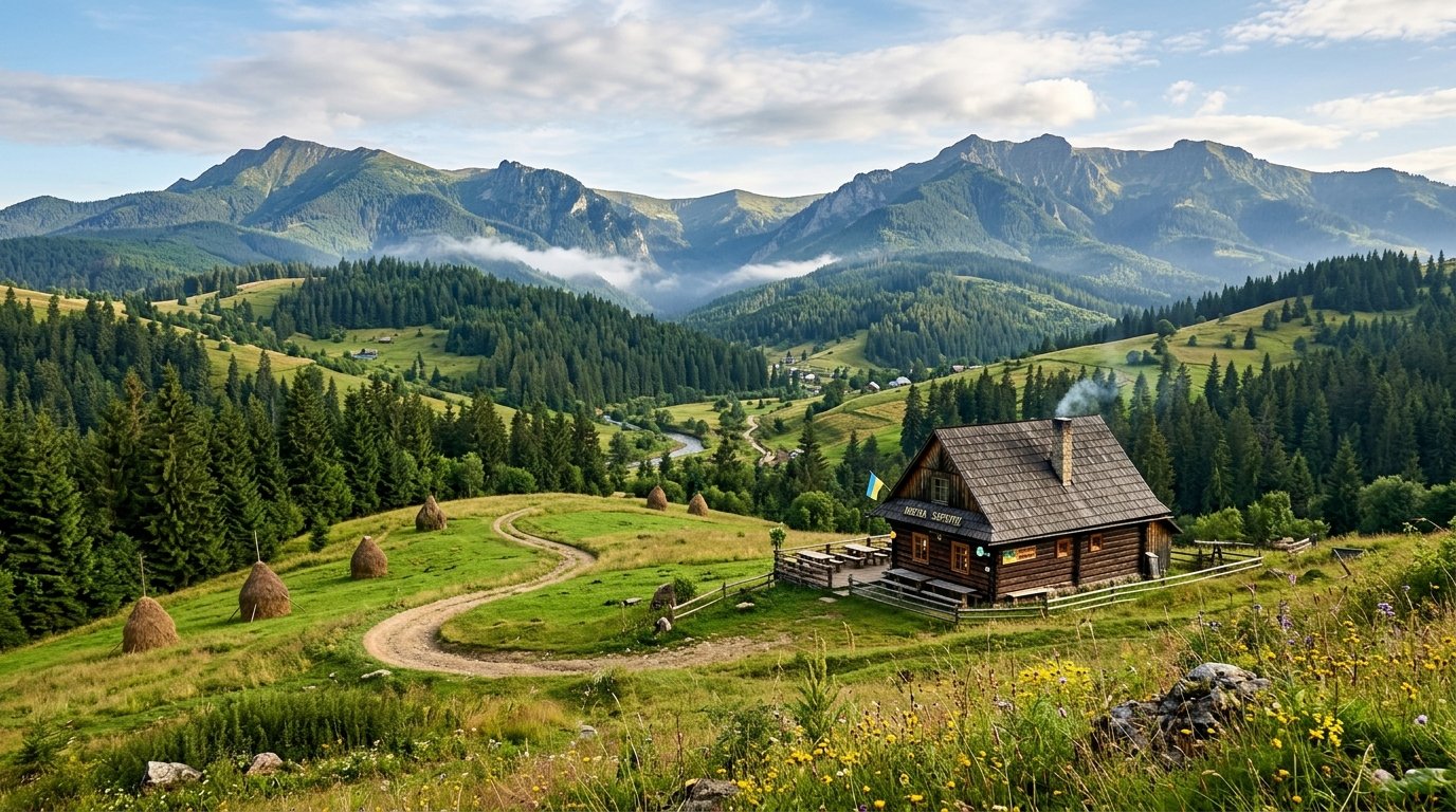 Carpathian Mountain Kolyba Wooden Lodge and Ukrainian Culture