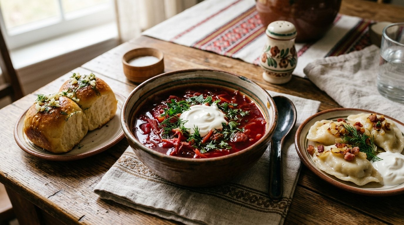 Traditional Ukrainian Borscht Soup with Pampushky Garlic Buns and Varenyky