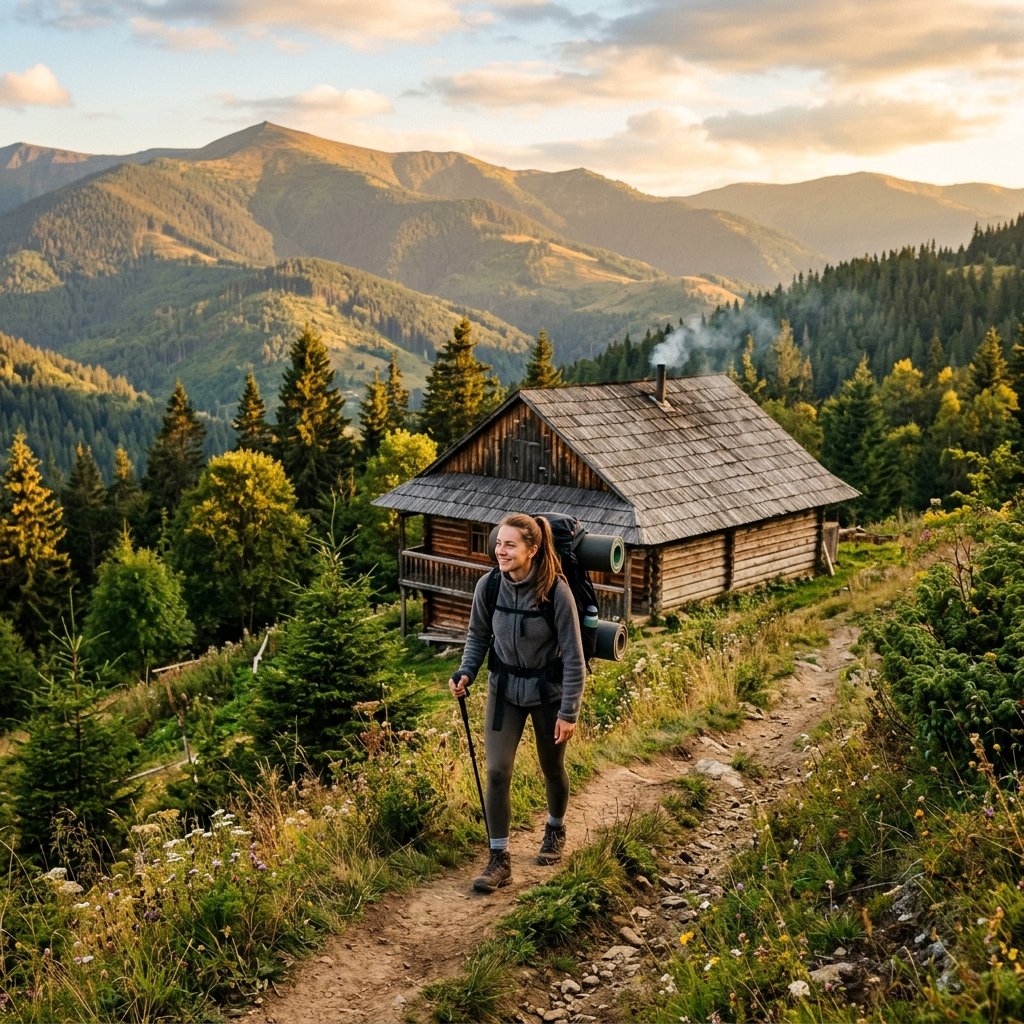 Escursionista vicino a un chalet di legno tradizionale kolyba nelle montagne dei Carpazi