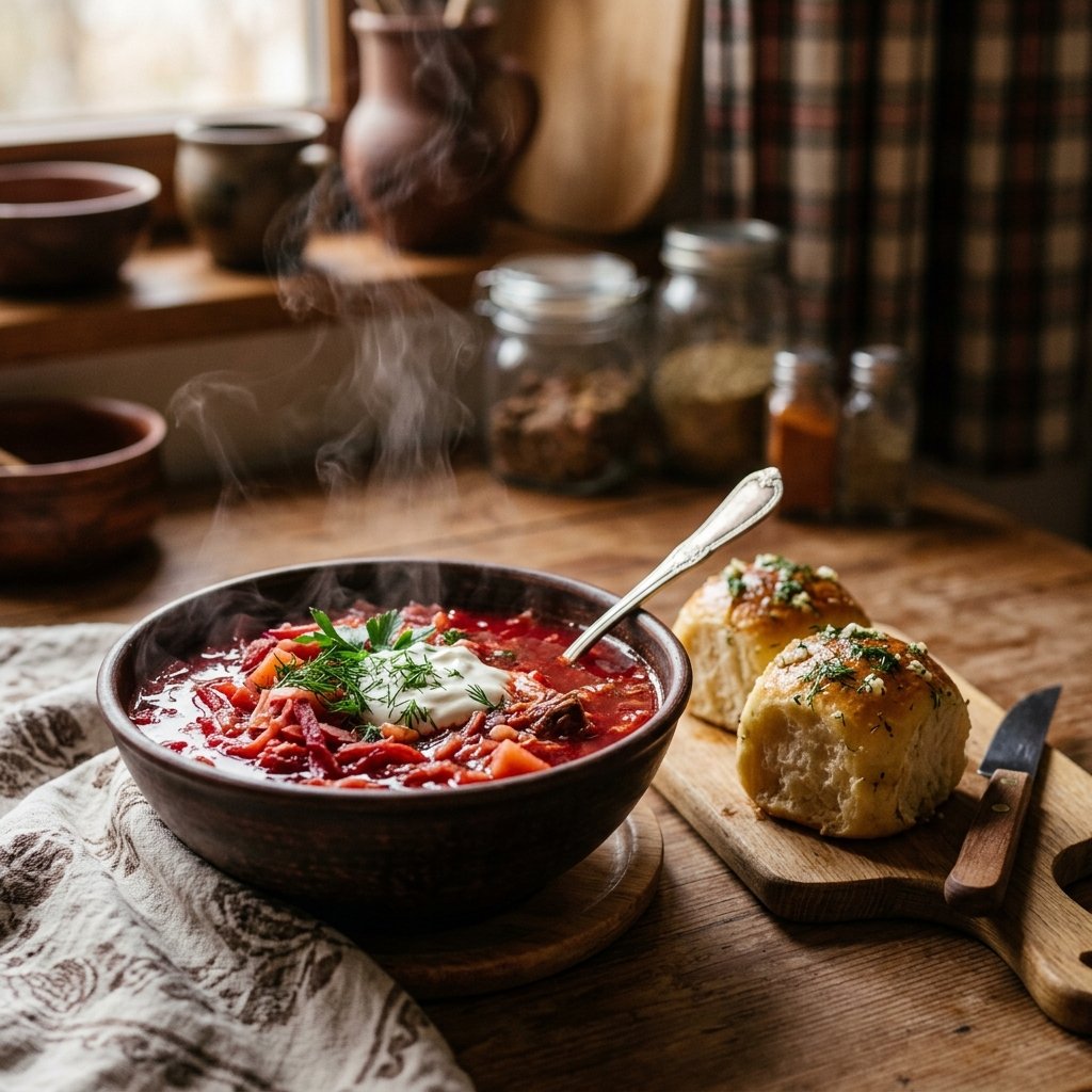 Piatto fumante di saporita zuppa tradizionale russa borscht con pane all aglio pampushky