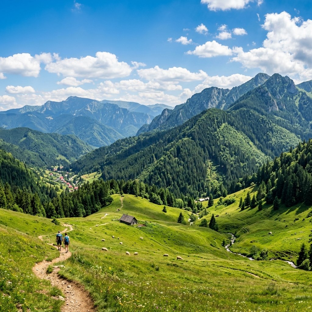 Panorama delle montagne dei Carpazi con foreste e valli verdi