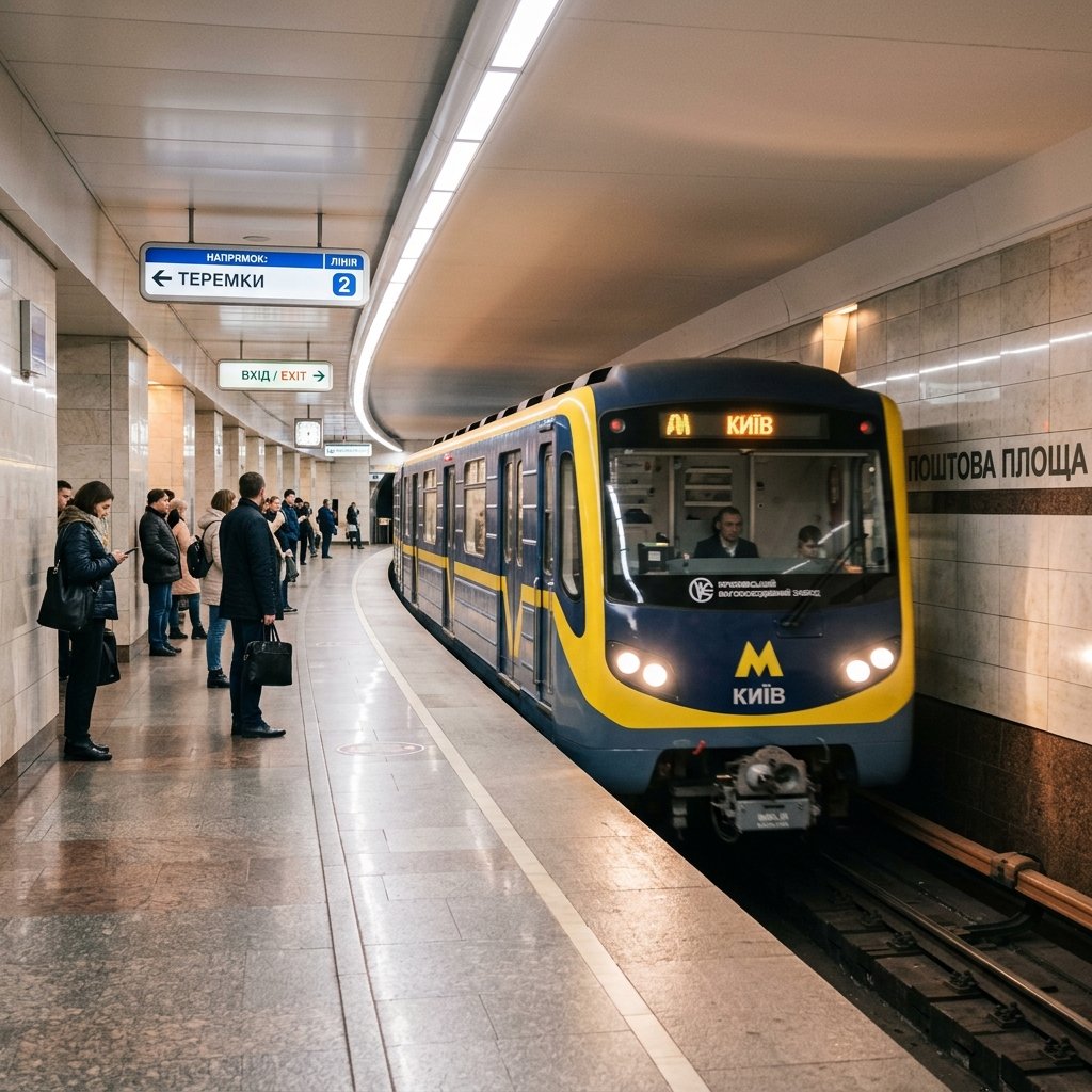 Treno moderno della metropolitana di Kiev in arrivo a una stazione