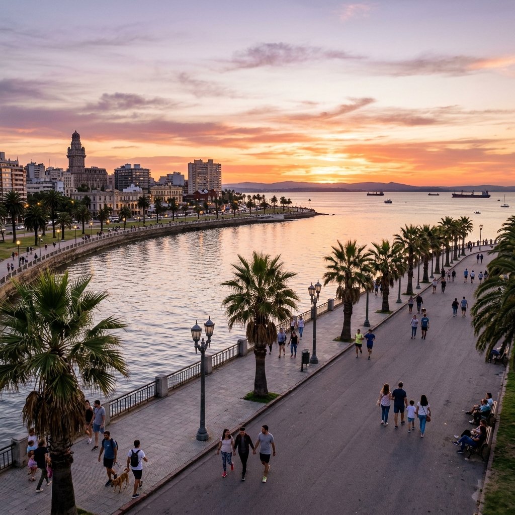Veduta panoramica della passeggiata costiera Rambla a Montevideo, Uruguay, al tramonto