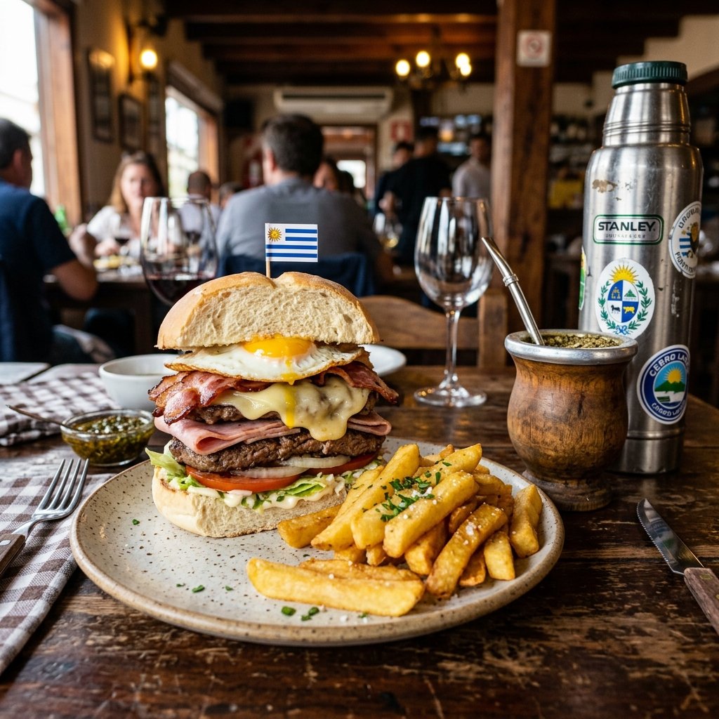 Un piatto tradicional uruguaiano contenente un enorme panino chivito con patatine fritte accanto a una tazza di mate in legno