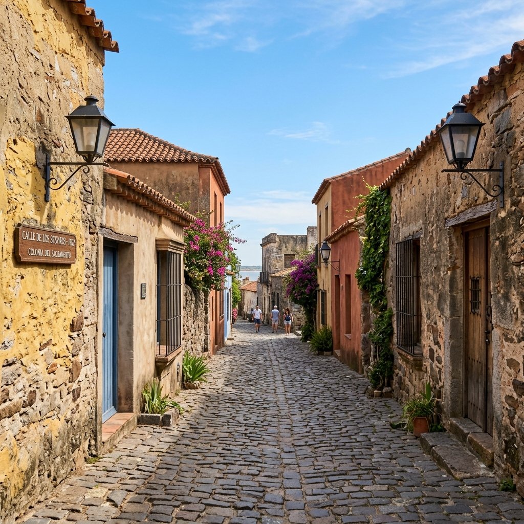 La storica strada acciottolata Calle de los Suspiros a Colonia del Sacramento, Uruguay, con antichi edifici