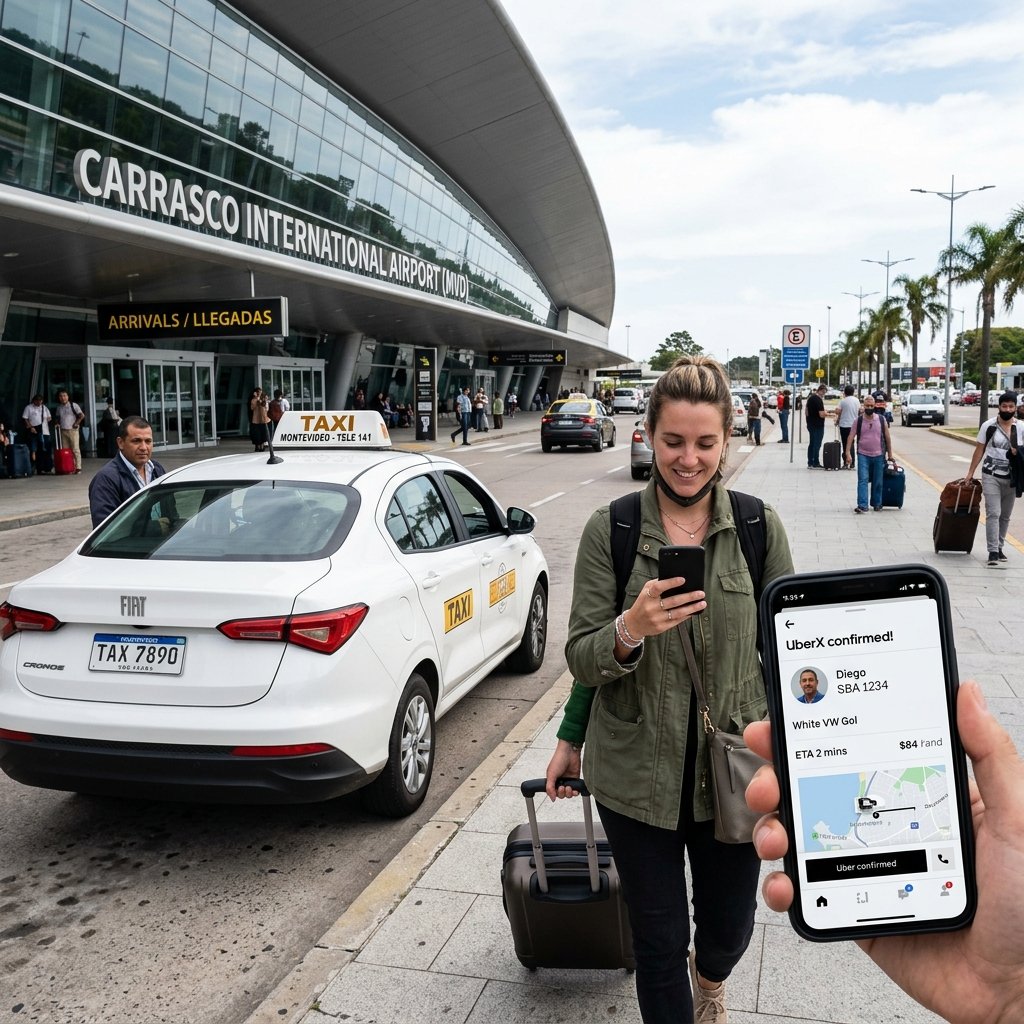 Un viaggiatore che esce dall'aeroporto Carrasco di Montevideo tenendo in mano uno smartphone che mostra la conferma di una corsa Uber