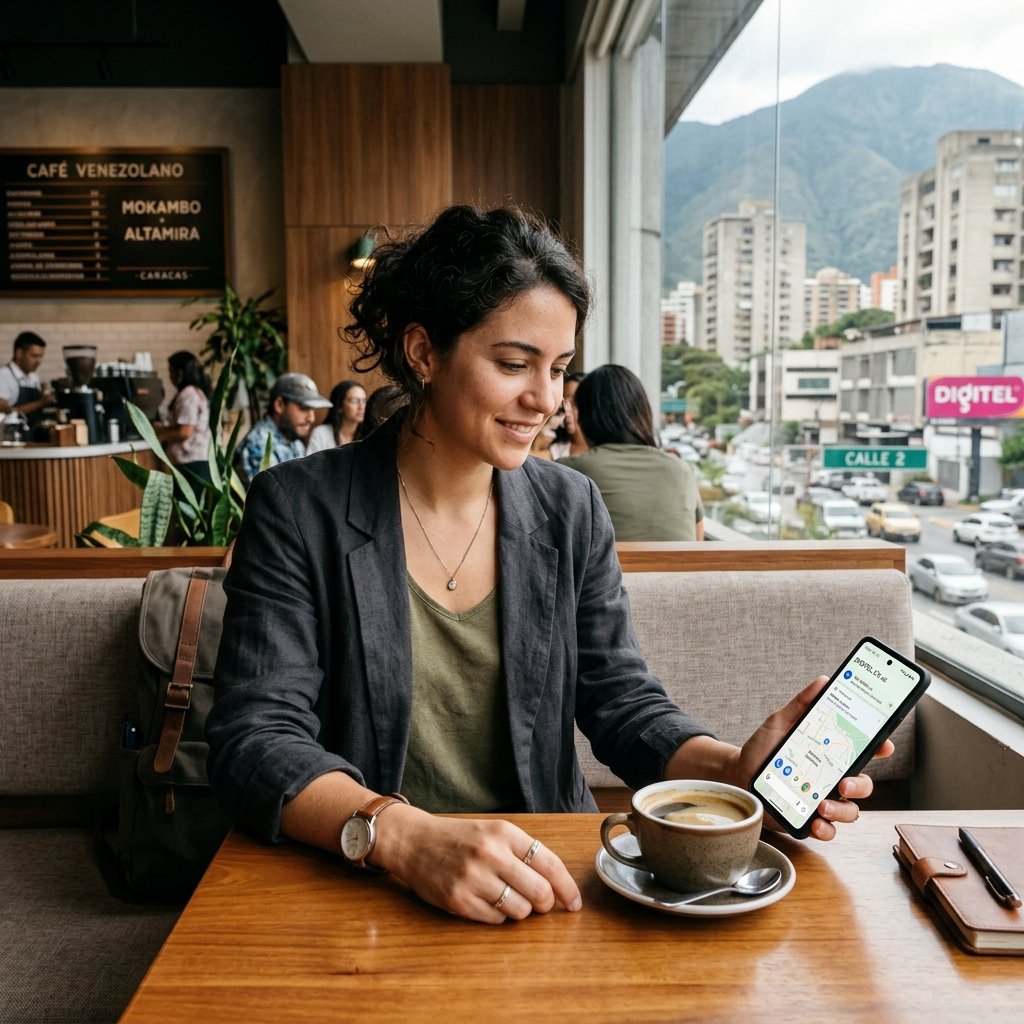Ein Reisender sitzt in einem modernen Café in Caracas und hält ein Smartphone mit einer aktiven Mobilfunkverbindung neben einer Tasse Kaffee