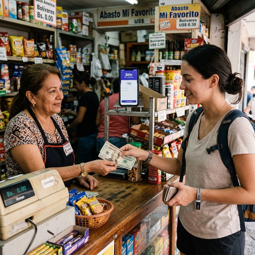 Ein Reisender bezahlt mit makellosen, sauberen US-Dollar-Scheinen in einem lokalen Geschäft in Caracas, daneben ein Smartphone mit geöffneter Zelle-Benutzeroberfläche