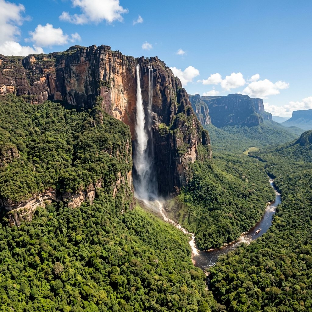 Panoramablick auf die spektakulären Salto Ángel (Angel Falls) in Venezuela, deren Wasser von dem Tafelberg Auyán-Tepui unter einem sonnigen Himmel in die Tiefe stürzt