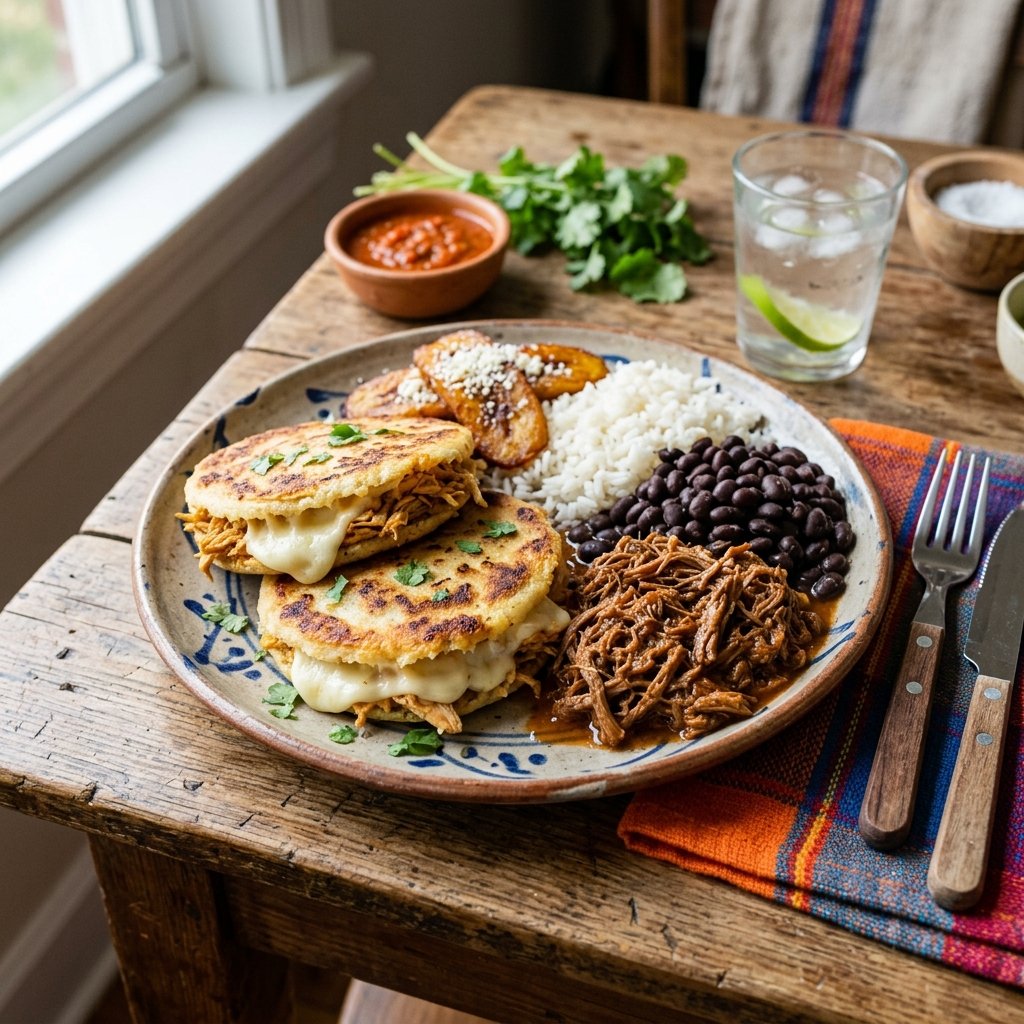 Ein traditioneller Teller mit zwei goldbraun gegrillten, mit Käse und Hähnchen gefüllten Arepas neben einer Portion Pabellón Criollo auf einem rustikalen Tisch