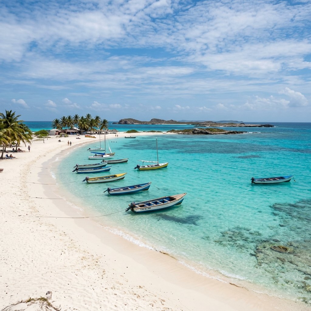 Die atemberaubende Aussicht auf die weißen Sandstrände und das türkisfarbene Meer des Los-Roques-Archipels in Venezuela mit vor Anker liegenden Booten