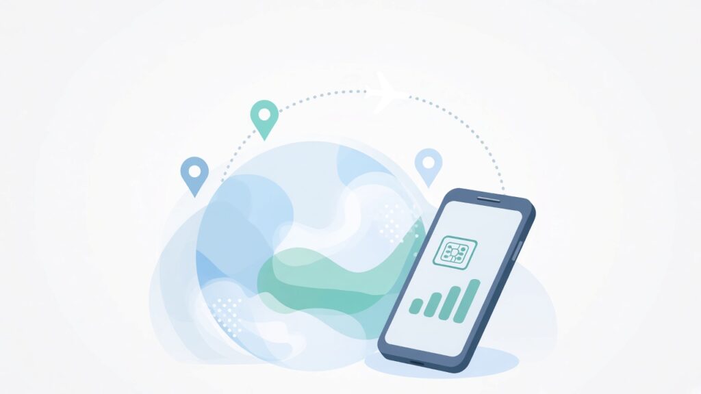 Illustration of a stylized globe with location pins, a flight path and a smartphone showing an eSIM and signal icon