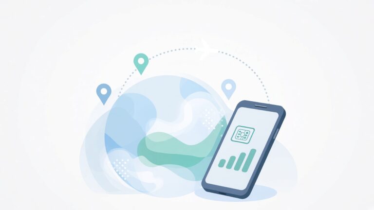 Illustration of a stylized globe with location pins, a flight path and a smartphone showing an eSIM and signal icon