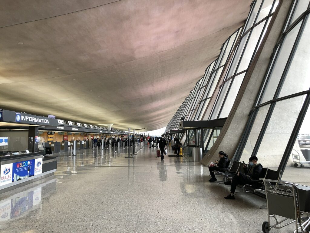 Ticketing and check-in hall at Washington Dulles International Airport in the United States